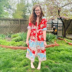 Breezy Floral Cottagecore Red and Blue Maxi Dress size Large